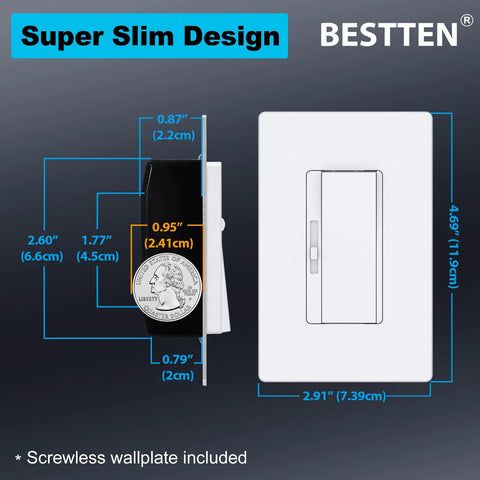 3 Pack White Slide Dimmer Light Switch Single Pole Or 3 Way Layout Smooth As Butter dimensions and design details.