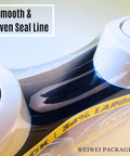 Clear view of smooth and even seal line on 8X12 Inch Odorless Heat Shrink Wrap Bags 500 Count With Vents Hella Thick 100 Gauge PVC Film.