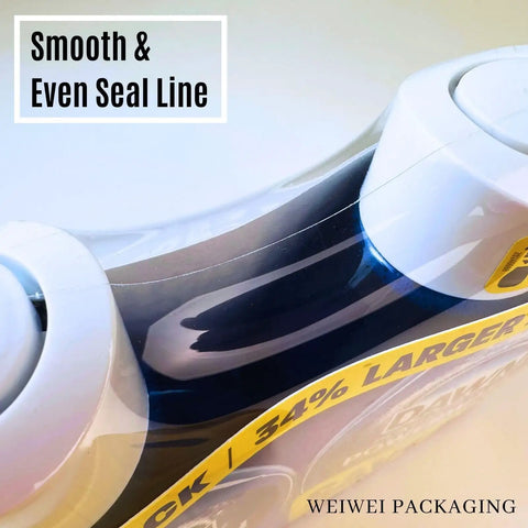 Clear view of smooth and even seal line on 8X12 Inch Odorless Heat Shrink Wrap Bags 500 Count With Vents Hella Thick 100 Gauge PVC Film.
