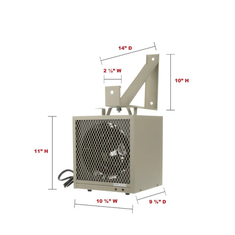 HF5848TC Beefy Garage And Workshop Portable Heater with wall bracket, cordset, and fan-forced heat; dimensions labeled.