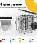 Open 12V Portable Refrigerator Fridge Freezer 53 Quart For RV Truck Jeep SUV Van Boat Camping Tailgating Road Trip Outdoor Travel inside view showing 53-quart capacity with drink placement, dimensions visible, supporting various bottle sizes.