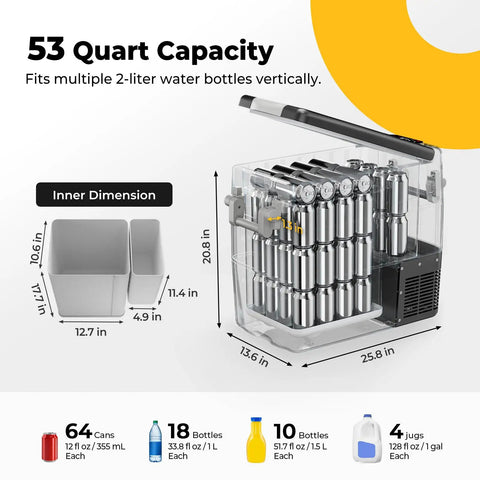 Open 12V Portable Refrigerator Fridge Freezer 53 Quart For RV Truck Jeep SUV Van Boat Camping Tailgating Road Trip Outdoor Travel inside view showing 53-quart capacity with drink placement, dimensions visible, supporting various bottle sizes.