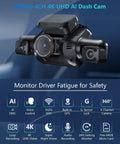 V8Plus 4K 360 Degree Dash Cam With Interior Driver Monitor 4 Channel Car Camera for all sides, WiFi GPS, night vision, 64GB card