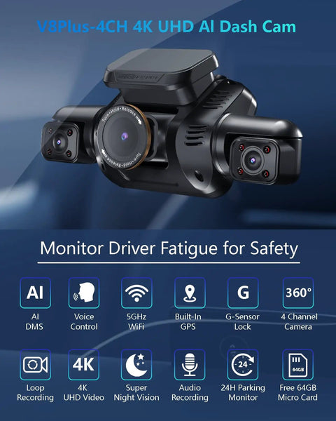 V8Plus 4K 360 Degree Dash Cam With Interior Driver Monitor 4 Channel Car Camera for all sides, WiFi GPS, night vision, 64GB card