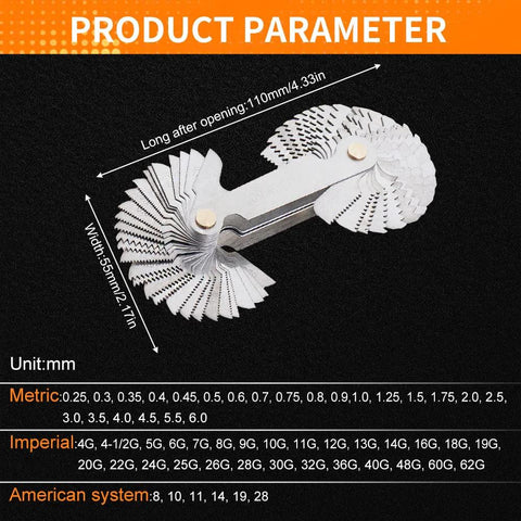 Metal screw pitch gauge with fan-like blades for metric, imperial, and US thread pitches