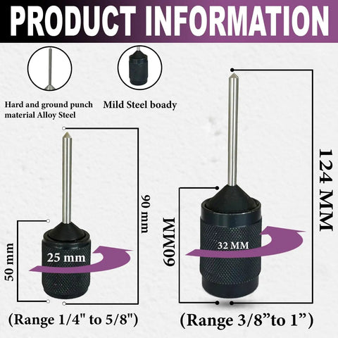 Steel Universal Punch Set Pro Grade Hardened Alloy Punch Pins And Mild Steel Body sizes detailed, small and large.
