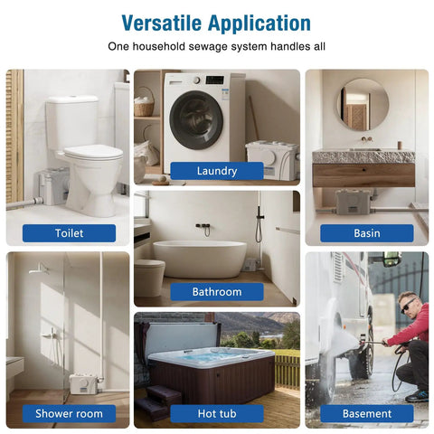Versatile application of 900W Copper Macerator Pump with automatic sink pump in toilet, laundry, basin, bathroom, and shower room