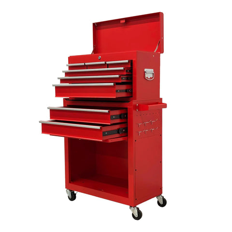 Hella Smooth Rolling 8 Drawer Tool Chest With Detachable Master Top Box And Cushioned Liners For Serious Gear Head Crew And Pro Mechanics Who Want Durable Shop Storage In Red, showcasing eight drawers and a top box.