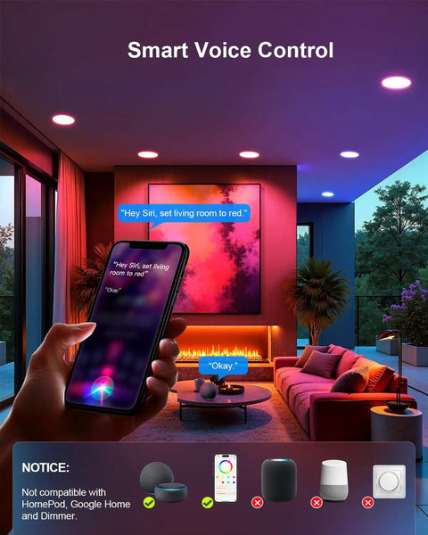 DUSKTEC Smart Recessed Lighting 4 Inch Color Changing LED Recessed Lights in a modern living room with smart voice control features.