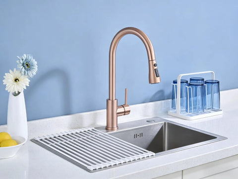 Brushed Gold Kitchen Faucet With Pull Down Sprayer And 360 Degree Rotating Gooseneck Lead Free Brass Pull Out Spray Single Handle