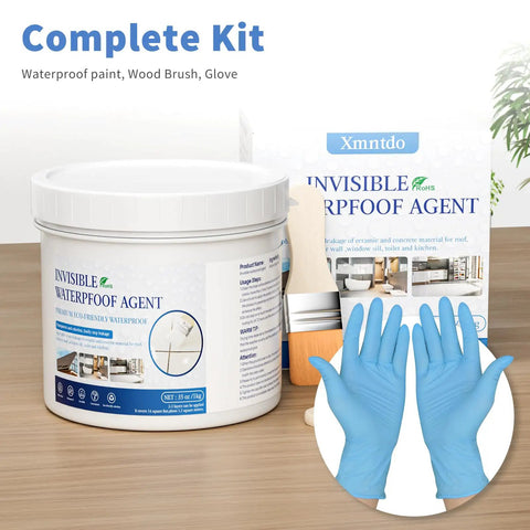 Invisible Waterproof Sealant Adhesive For Roofs And Walls No Drip Repair Coating For Bathrooms And Showers Window Sills And Indoor Outdoor Use 35 Oz Bottle with blue gloves and brush on packaging.