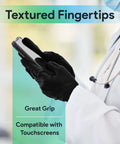 Heavy Duty Black Nitrile Gloves Extra Large Case Of One Thousand Medical Grade Powder Free Latex Free Disposable Exam Gloves, textured fingertips gripping a smartphone.