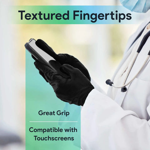 Heavy Duty Black Nitrile Gloves Extra Large Case Of One Thousand Medical Grade Powder Free Latex Free Disposable Exam Gloves, textured fingertips gripping a smartphone.
