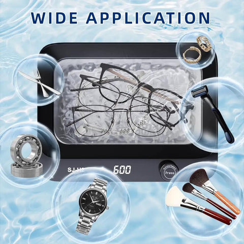 Hassle Free 45KHz Ultrasonic Jewelry Cleaner With Six Time Modes Cleans Rings Eyeglasses Watch Straps And Dentures, used for various items like eyeglasses and watches.