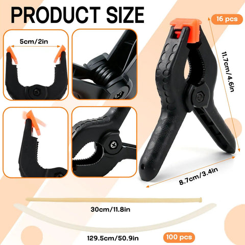 Arch Clip Kit For Balloons showing black plastic clip with measurements and additional accessories