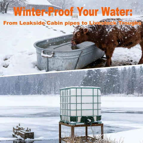 Self Regulating 120V Sewage Pipe Heating Cable For Buried Pipes And Wastewater Systems Sump Pumps Roof Deicing No Brainer Fluoropolymer Corrosion Proof Freeze Protection ETL UL Certified 75Ft JHSF1-CT heating livestock troughs and IBC tank in snowy landscape