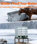 Cow drinking from a metal trough in snowy field and a plastic water container, illustrating winter water solutions for livestock.
