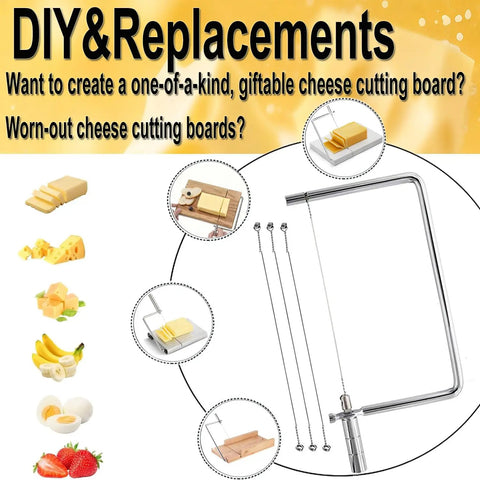 Slick 5 Inch Marble Cheese Slicer Kit With Safety Wires Stainless Steel Handle showing cheese cutting tools and sliced cheeses.