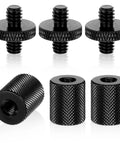 Six Pack 1/4 Inch To 1/4 Inch Threaded Tripod Screw Adapter Double Sided Mount Converter in black aluminum with knurled detail.