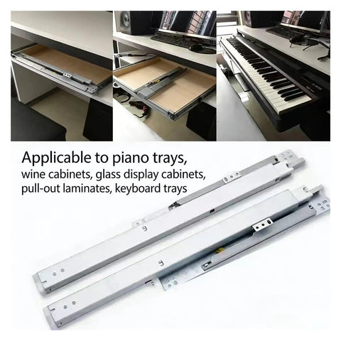 Top Shelf Bottom Mounted Drawer Slides One Pair Concealed Guide 16 Inch shown with applications for kitchen and office use.