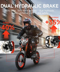 Dual hydraulic brake feature on X1 Spark Electric Dirt Bike 60V 28.8Ah Battery 4500W Peak Motor Delivers 50 MPH For Mountain Off Road