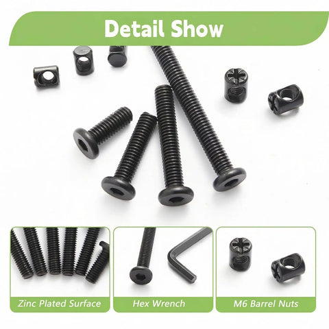 No Sweat Crib Screw Replacement Kit With M6 Hex Drive Furniture Bolts Barrel Nuts And Dowel Pins for quick assembly fixes, featuring black zinc screws.