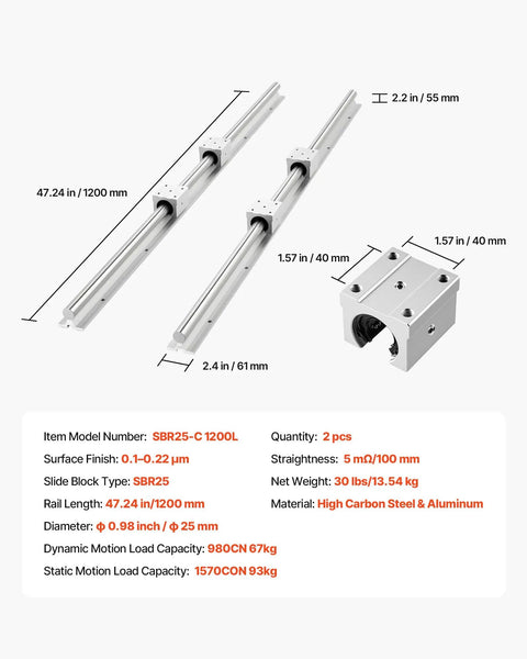 SBR25 Linear Rail Kit With Two 47.24 Inch Rails And Four Bearing Blocks Fully Supported Shaft product image with dimensions