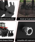 ATV UTV Towed 32 Inch Heavy Duty Disc Harrow with Universal 2 Inch Hitch in four views with steel discs and hitch details