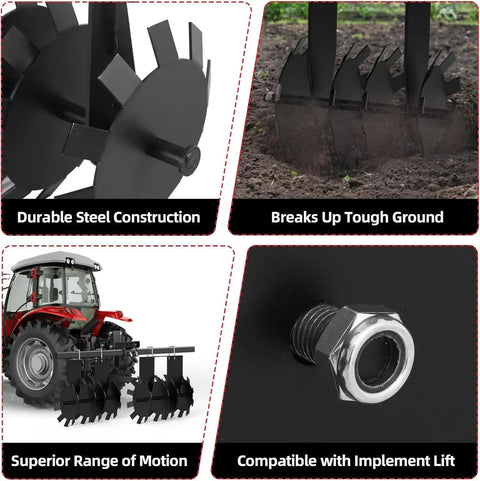ATV UTV Towed 32 Inch Heavy Duty Disc Harrow with Universal 2 Inch Hitch in four views with steel discs and hitch details