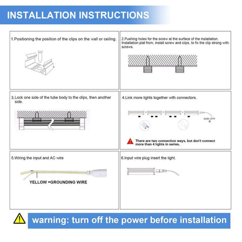 Installation instructions for 10 Pack 8 Foot LED Shop Light Fixture With 90W T8 Integrated LED for safe and correct setup.