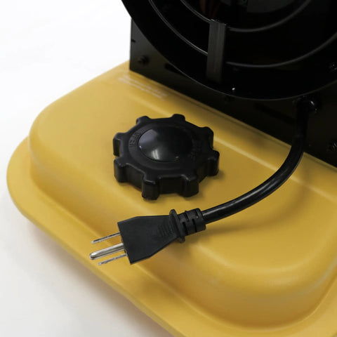 Close-up of High Output 80000 Btu Forced Air Kerosene And Diesel Portable Heater power cord and fuel tank cap.
