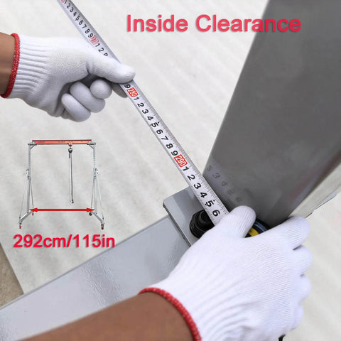 Heavy Duty 10.5 Foot Adjustable Gantry Crane With 4000 Lb Capacity, Height Range 9.85 To 13.9 Feet, Portable Garage Hoist And Rigging Kit, image showing inside clearance measurement of 292cm/115in