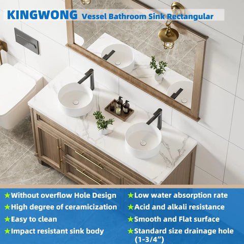 Full view of modern bathroom vanity with 14 Inch Round Vessel Sink For Bathroom White Ceramic Porcelain Vanity Basin Above Counter Modern Round Countertop Sink 14x14 Durable Scratch Resistant Easy Care For Cabinet Vanity