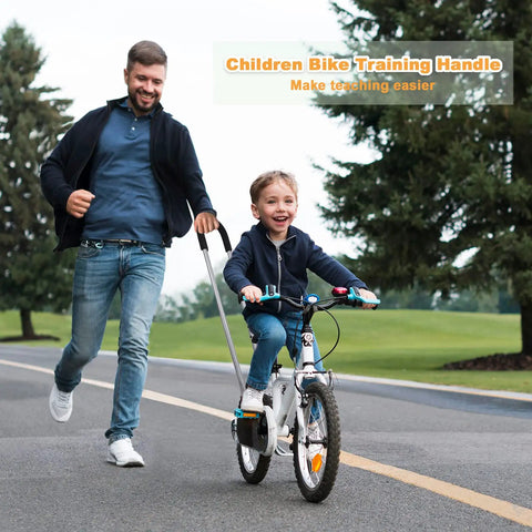 Man guiding child on bike with Kids Bicycle Safety Trainer Push Bar Handle for Balance and Confidence in park setting
