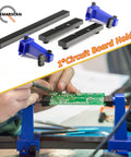 360 Degree Rotating Soldering Clamp Holder for PCB and Circuit Boards in use, shown with hands and circuit board