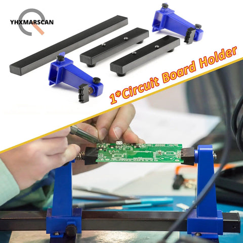 360 Degree Rotating Soldering Clamp Holder for PCB and Circuit Boards in use, shown with hands and circuit board