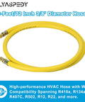 Refrigerant vacuum hose, yellow, 6-ft long, 3/8-in diameter with 1/4-in flare fittings (front view).