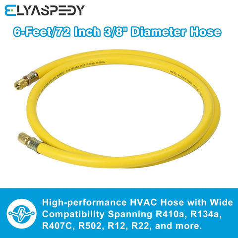 Refrigerant vacuum hose, yellow, 6-ft long, 3/8-in diameter with 1/4-in flare fittings (front view).