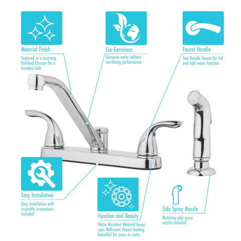 Two Handle Kitchen Faucet With Side Spray In Polished Chrome, Modern High Arc Sink Faucet with dual-handle and spray nozzle