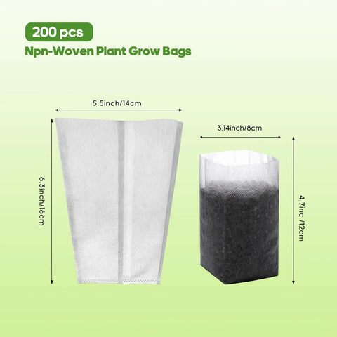 Eco Friendly Biodegradable Plant Grow Bags 5.5x6.3 Inches 200 Pack Non Woven Seed Starter Pots shown front and side view
