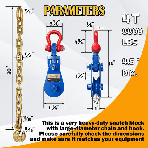 Upgraded Snatch Block With Chain Four Ton WLL Built Tough Heavy Duty Pulley For One Half Inch Wire Ropes Towing And Recovery Rollback Wrecker Car Carrier Tow Truck Accessories, 30in chain
