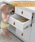 Baby reaching for open drawer with brown 12 Pack Leather Drawer Pulls Set Handcrafted Leather Handles For Dresser Cabinets Drawers And Closet Doors