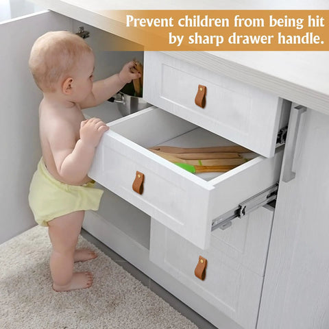 Baby reaching for open drawer with brown 12 Pack Leather Drawer Pulls Set Handcrafted Leather Handles For Dresser Cabinets Drawers And Closet Doors