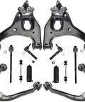 Front End Suspension Kit For RWD Chevy Silverado And GMC Sierra 1500 1999 To 2006 Includes Four Control Arms With Ball Joints Two Sway Bars Four Tie Rods And Two Rack Boots 12 Piece Replacement displayed