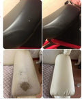 Before and after using Leather Repair Patch Tape 8x54 Inch Self Adhering Patch Kit for tears and scuffs on black and white leather chairs.