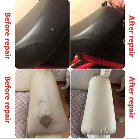 Before and after using Leather Repair Patch Tape 8x54 Inch Self Adhering Patch Kit for tears and scuffs on black and white leather chairs.