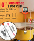 Digital Candy Thermometer With 10 Inch Probe And Pot Clip Instant Read Thermometer in yellow pot on stove