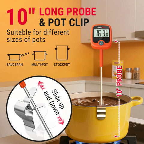 Digital Candy Thermometer With 10 Inch Probe And Pot Clip Instant Read Thermometer in yellow pot on stove