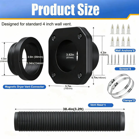 Detailed diagram of Magnetic Dryer Vent Connector Kit For Easy Clean Up And Quick Disconnect with dimensions of parts