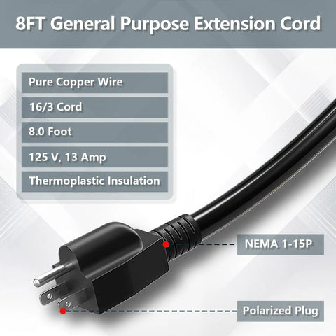 Heavy Duty 8 Foot 16 Gauge 3 Wire Power Tool Cord 3 Prong Replacement Cable For Drills Saws Vacuums Motors And Appliances SJT VW 1 Rated 105 C 13 Amp 1500 Watt Great For Home Projects with polarized plug and copper wire, 8 ft length.